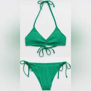 NWT Aerie FULL SET Crinkle Halter Voop Top + Cheekiest Tie Bottom in Green - M
